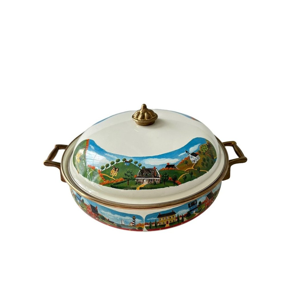 VINTAGE‎ Enamelware RARE VILLAGE SCENE Brass Handles new